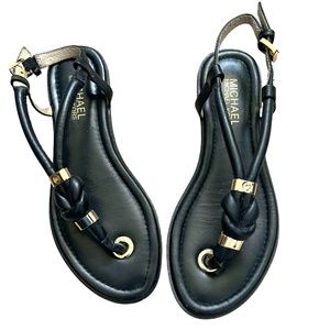 MICHAEL Michael Kors Holly Black Leather & Gold Hardware Flat Sandals Size 6